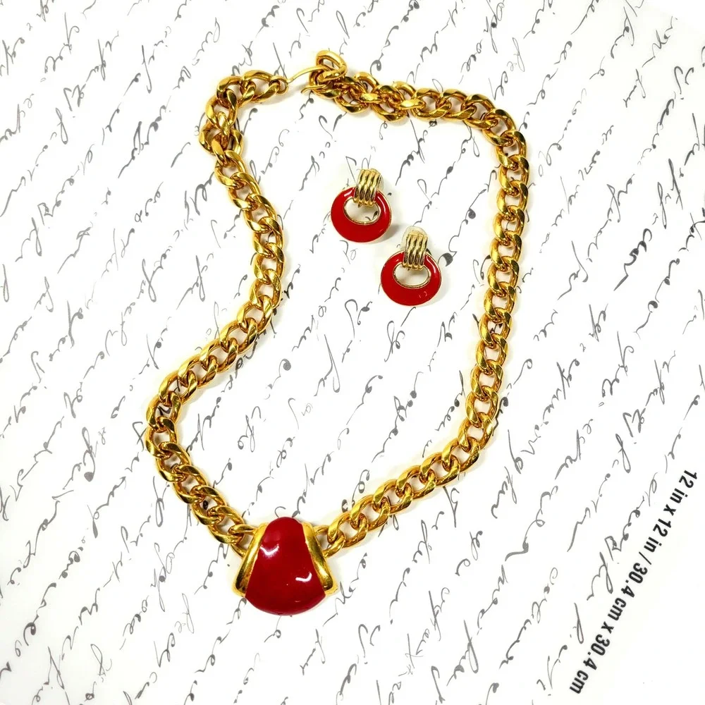 Vintage Monet Red Enamel Choker Necklace Earrings Set, Gold Curb Chain